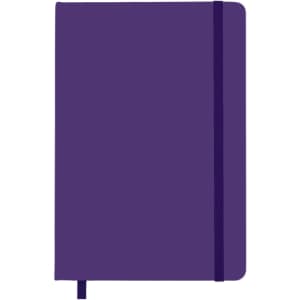 A purple A5 notebook with a ribbon bookmark and an elastic band closure. It features a logo on the cover.