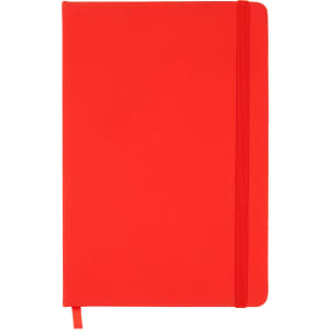 A red Venture A5 Notebook featuring a smooth cover and an elastic closure strap.