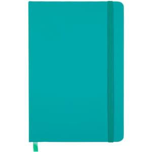 A teal Venture A5 Notebook featuring a sleek design, an elastic band closure, and a ribbon bookmark.