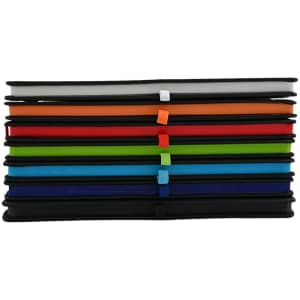 A stack of A5 notebooks in various colors, including black, blue, green, orange, red, and white, with elastic bands.