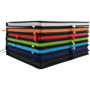 A stack of Venture Supreme A5 Notebooks in various colors, each featuring elastic bands and ribbon bookmarks.