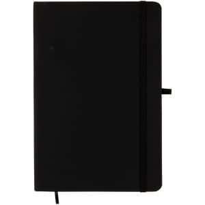 A black A5 notebook with a smooth cover and an elastic band closure, designed for office and business use.