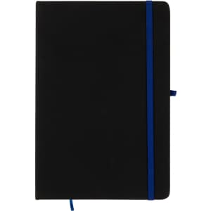 A black A5 notebook with a blue elastic band and bookmark, featuring a minimalist design and a logo.
