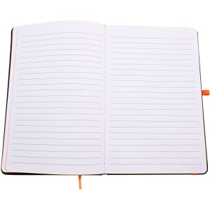 An open A5 notebook featuring lined pages and an orange ribbon bookmark, with a black cover.