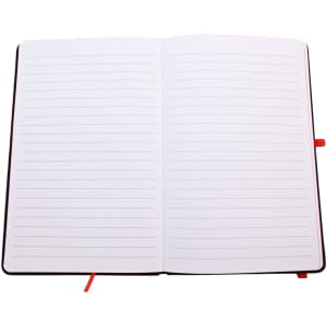 An A5 notebook with lined pages, featuring a black cover and red accents. It includes two ribbon bookmarks.