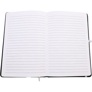 A notebook with lined pages, featuring a sleek design and an open layout for easy writing.