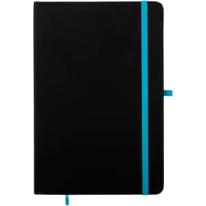 A black A5 notebook with a turquoise elastic band and two bookmarks, featuring a smooth cover and a branded logo.