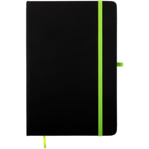 A black A5 notebook with a bright green elastic band and bookmark.