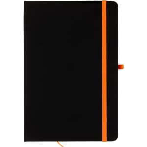 A black A5 notebook with an orange elastic band closure and bookmark.
