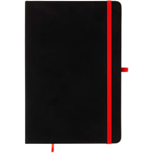 A Venture Supreme A5 Notebook with a sleek black cover and a vibrant red elastic band closure.