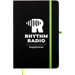 A black A5 notebook with a green elastic band and a logo on the cover.