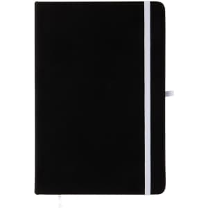 A sleek black Venture Supreme A5 Notebook featuring a white elastic closure.
