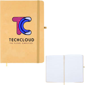 A beige A5 notebook with a logo on the cover and lined pages inside. It features an elastic closure and ribbon bookmark.
