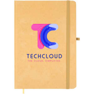 A brown A5 notebook with an elastic band closure and a colorful logo on the cover.