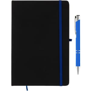 A black notebook with a blue elastic band and a blue pen positioned alongside it, featuring a logo.