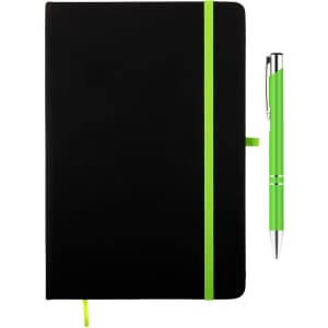 A black notebook with a green elastic band and a matching green pen, featuring a logo.