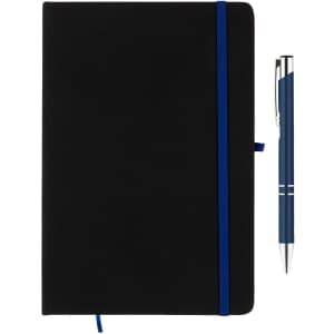 A black notebook with a blue elastic band and a blue pen beside it. The notebook has a logo.