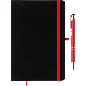 A black notebook with a red elastic band and a matching red pen alongside it. The notebook has a logo.