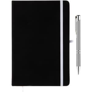 A black notebook with a white elastic band and a silver pen placed beside it. The notebook features a logo.