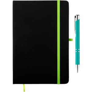 A black notebook with a green elastic band and a turquoise pen beside it. The notebook has a branding logo.