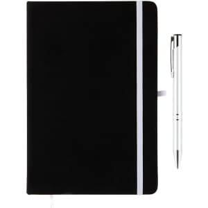 A black notebook with a white elastic band and a silver pen beside it. The notebook has a branding logo.
