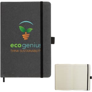 A grey recycled leather notebook with an elastic band and a logo, featuring lined pages inside.