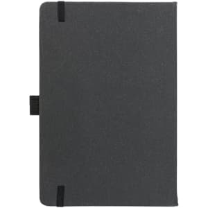 A recycled leather notebook with a hard cover, featuring a sleek dark exterior and elastic band closures.