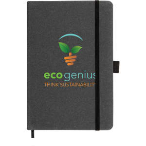 A recycled leather notebook featuring a dark grey cover with an elastic band closure and an eco-friendly logo.