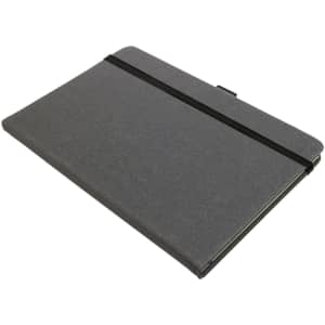 A recycled leather notebook with a hard cover, featuring a black elastic band for closure.