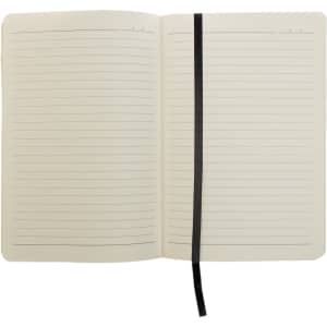 A recycled leather notebook in a soft cover, featuring lined pages and a black ribbon bookmark.