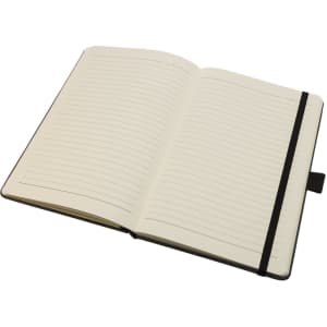 A recycled leather notebook with a hard cover, featuring lined pages and a black elastic band closure.