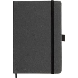 A dark gray hardcover notebook made from recycled leather, featuring a black elastic band and bookmark.