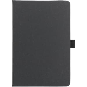 A black, hard cover notebook made from recycled leather with a ribbon closure. Features a logo on the cover.