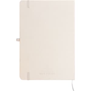 A beige A5 notebook with a logo, featuring elastic closures and a ribbon marker.