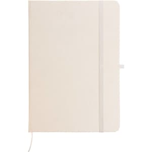 A cream-colored A5 notebook with a smooth cover and an elastic band closure. It includes a ribbon bookmark and a logo.