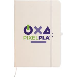 A beige A5 notebook with an elastic band closure, featuring a logo on the cover.