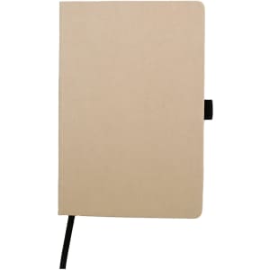 A beige A5 notebook with a black elastic band closure and a simple design. Includes a logo on the cover.