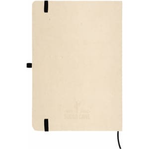 A beige A5 notebook made from sugarcane, featuring a black elastic closure and a logo.