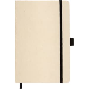 A beige A5 notebook with a black elastic band and ribbon bookmark, featuring a logo on the cover.