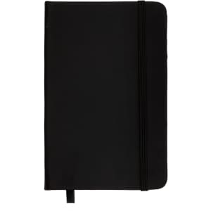 A black pocket notebook featuring a soft cover and an elastic band closure, designed for office and business use.