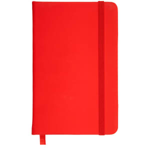 A vibrant red pocket notebook with an elastic band closure and a ribbon bookmark.