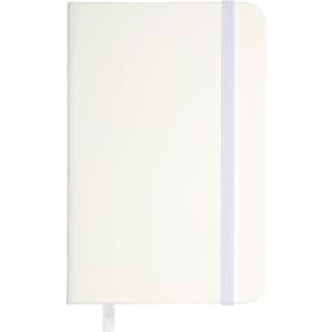 A white pocket notebook with a soft cover, elastic band, and ribbon bookmark. It has a logo on the front.
