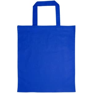 A blue cotton tote bag with short handles.