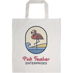 A beige cotton tote bag with short handles, featuring a flamingo design and a logo.