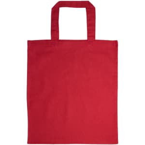 A red short handle tote bag made of cotton, featuring two sturdy handles and a simple design.