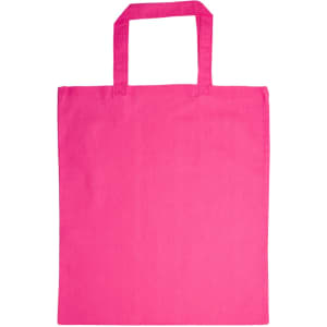 A vibrant pink cotton tote bag with short handles.