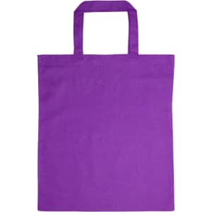 A purple cotton tote bag with short handles.
