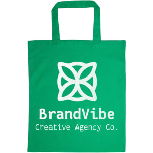 A green cotton tote bag with a large white logo featuring a flower design and the text "BrandVibe Creative Agency Co."