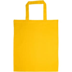 A bright yellow cotton tote bag with short handles.