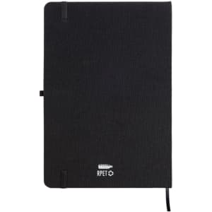 A black A5 notebook made from RPET material, featuring an elastic band closure and a ribbon bookmark.